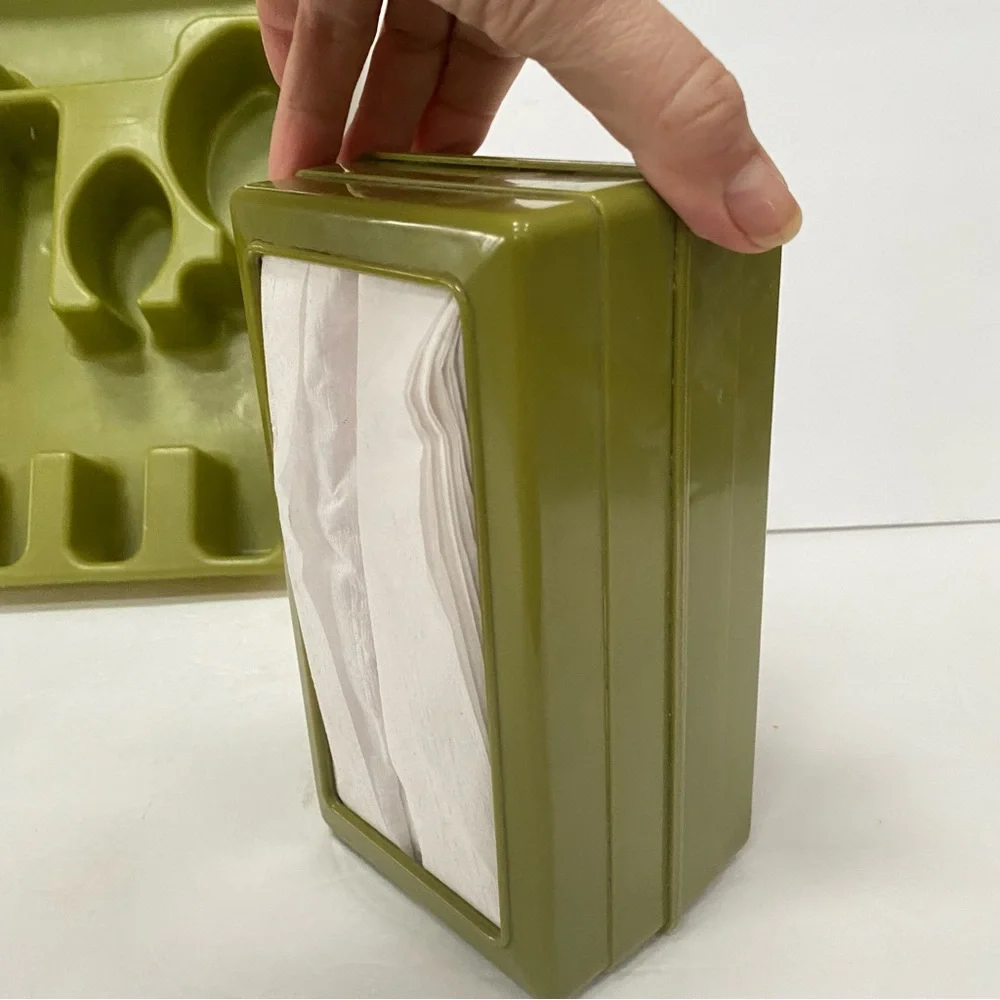 Vtg 70s Avocado Green Rubbermaid Utensil Holder Tray 2922 & Napkin Holder